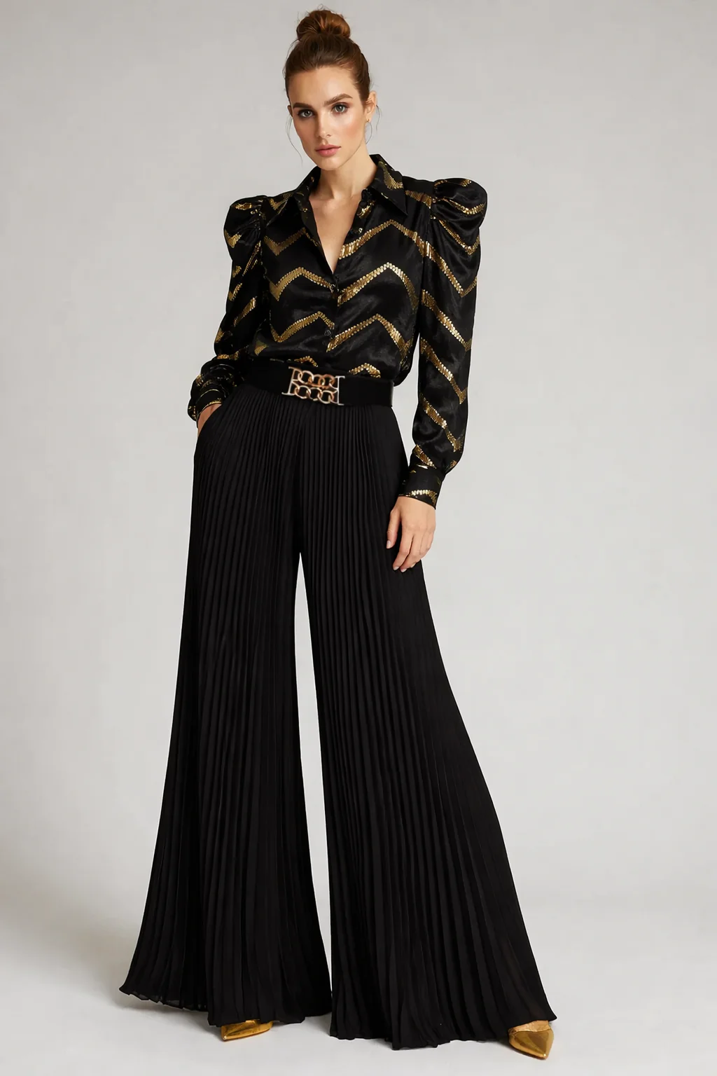 NY0031 PALAZZO PLEATED PANTS (BLK, TAN)
