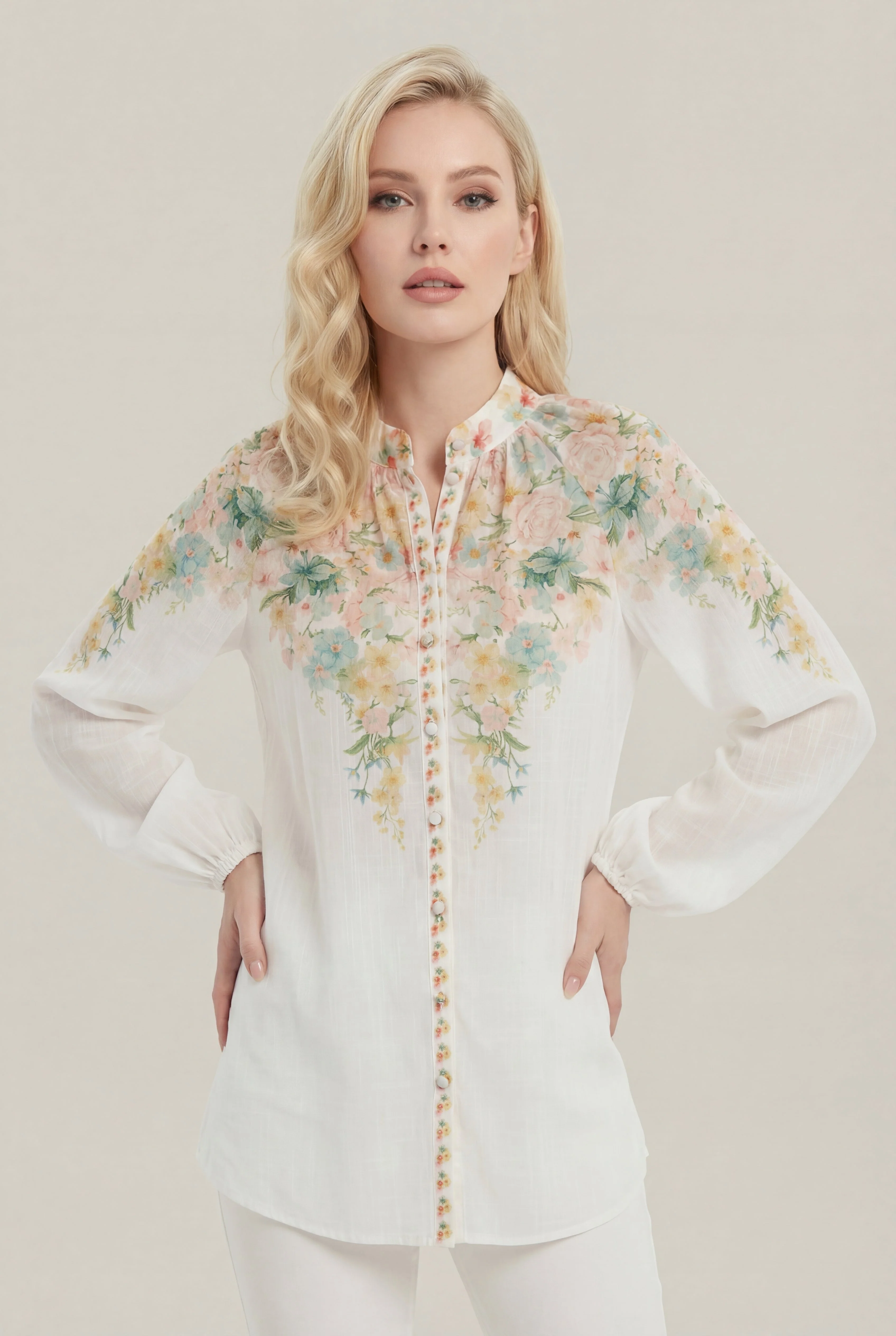 NY0040 FLORAL MANDARIN COLLAR TOP