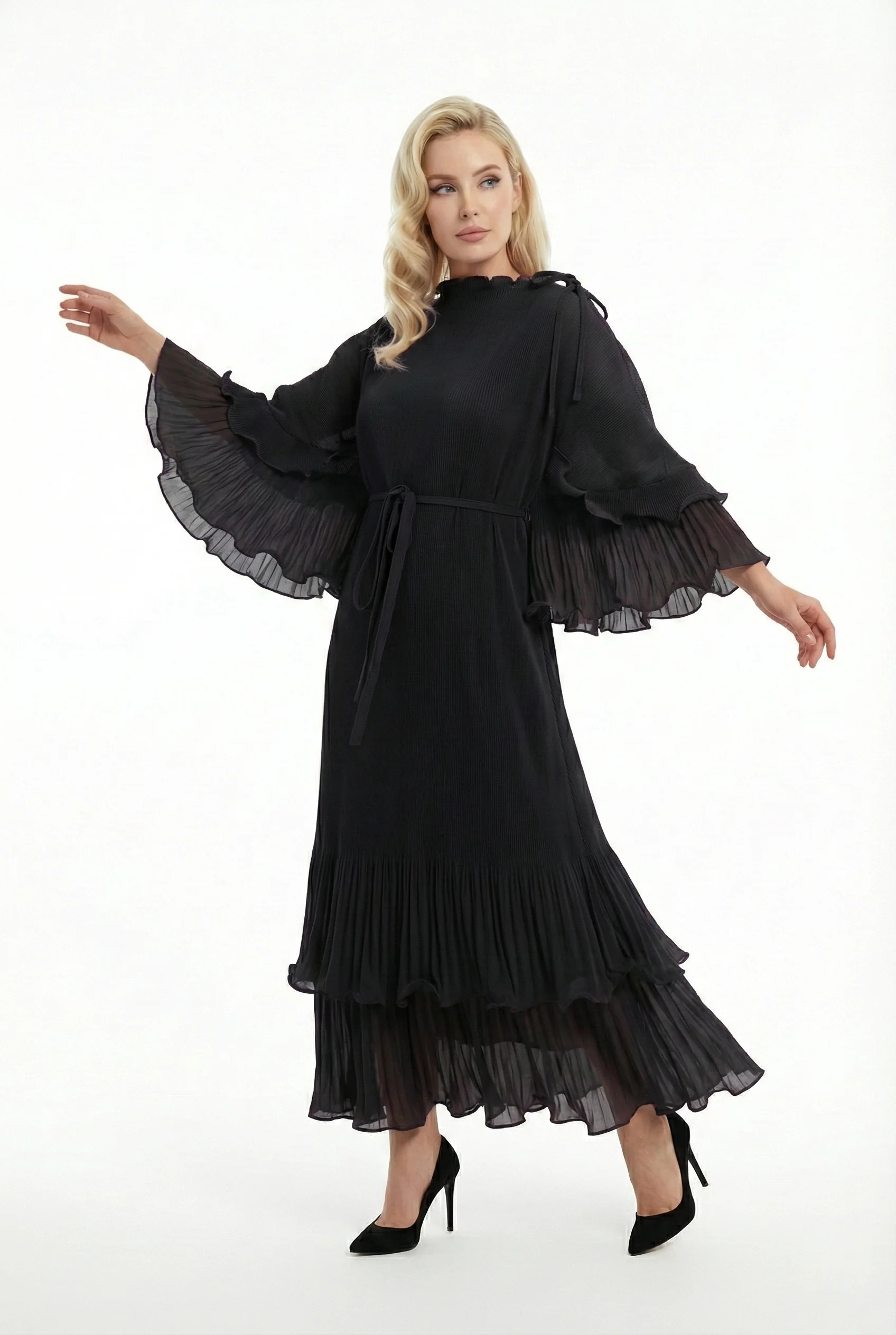 NY0042 DRAMATIC FLOUNCE-SLEEVE MAXI DRESS (PUR, BLK) - Image 2