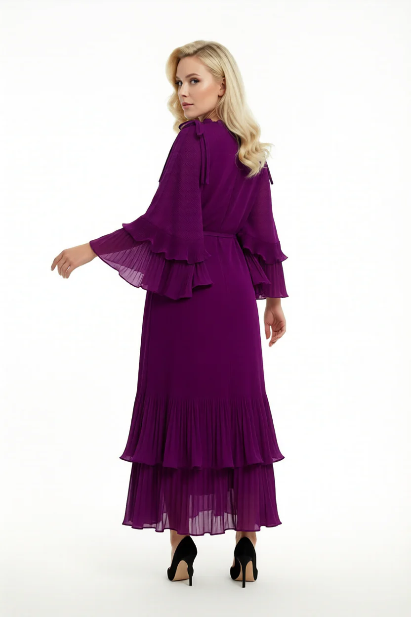NY0042 DRAMATIC FLOUNCE-SLEEVE MAXI DRESS (PUR, BLK) - Image 3