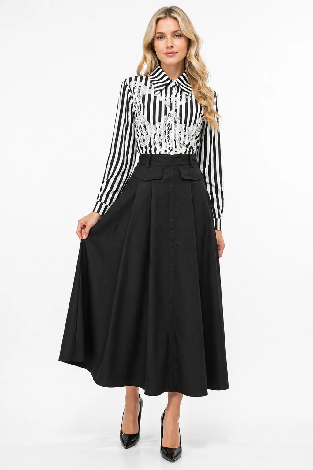 NY0046 A- LINE PLEATED LONG SKIRT (BLK, BLUE) - Image 2