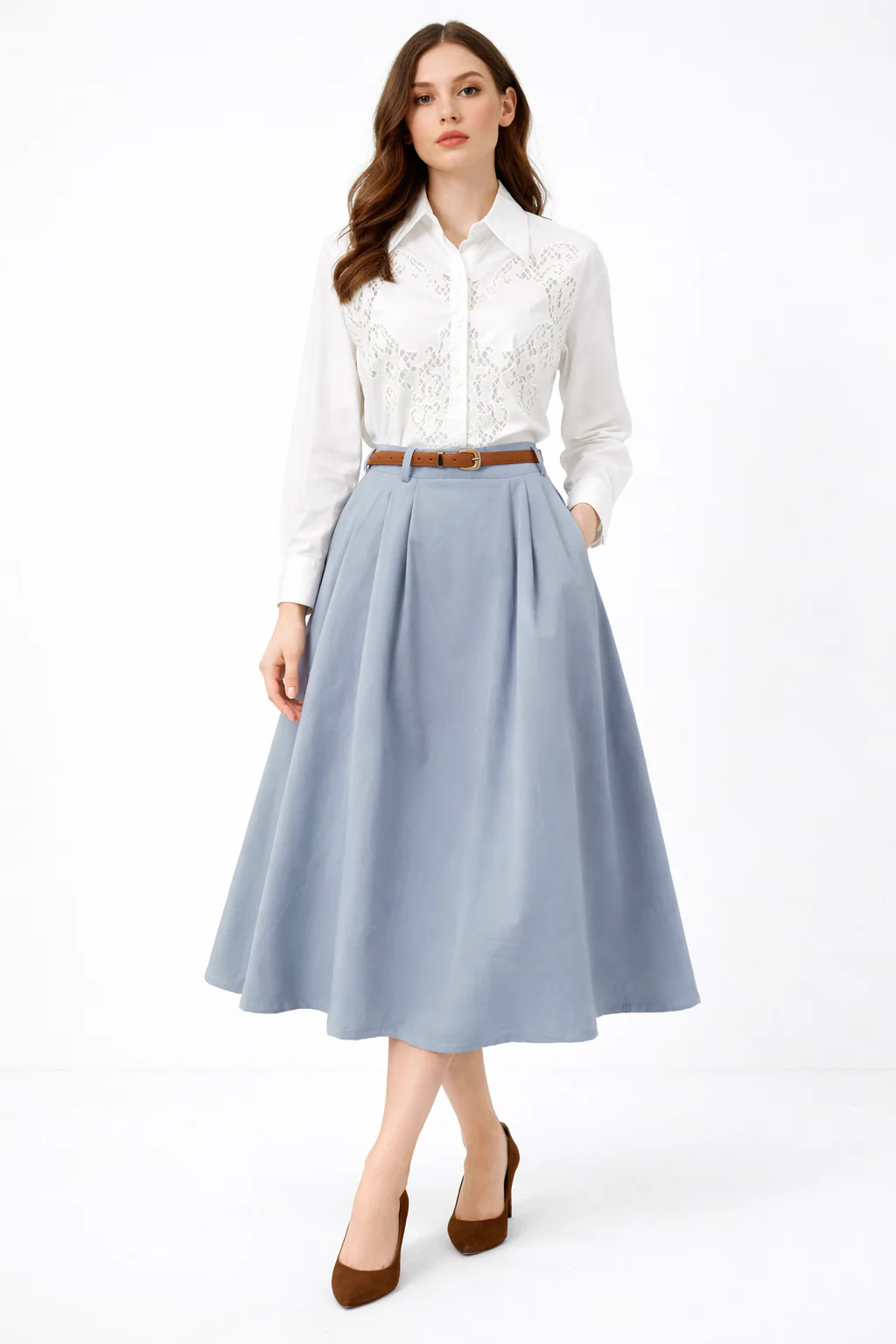 NY75002 SIGNATURE BELTED MIDI SKIRT (BLK, BLUE) - Image 2