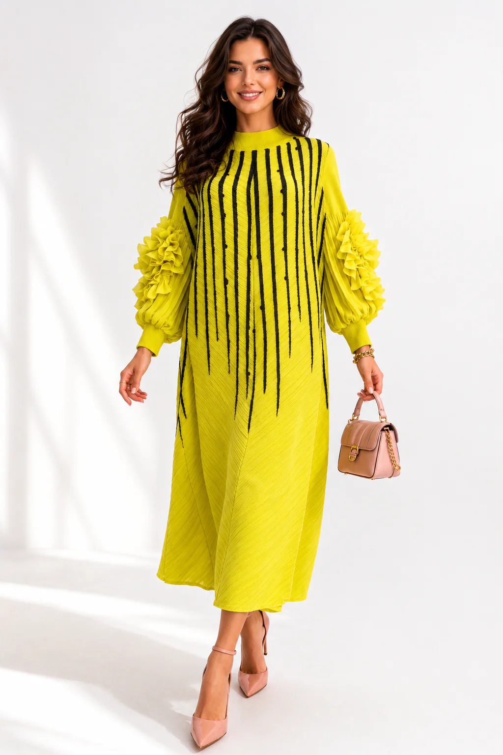 NY0062 RUFFLE SLEEVE STRIPE ART CRINKLE DRESS (PNK, YLW) - Image 2