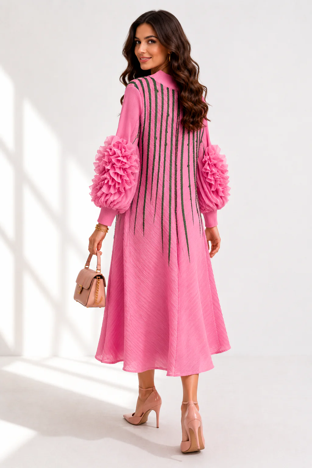 NY0062 RUFFLE SLEEVE STRIPE ART CRINKLE DRESS (PNK, YLW) - Image 3