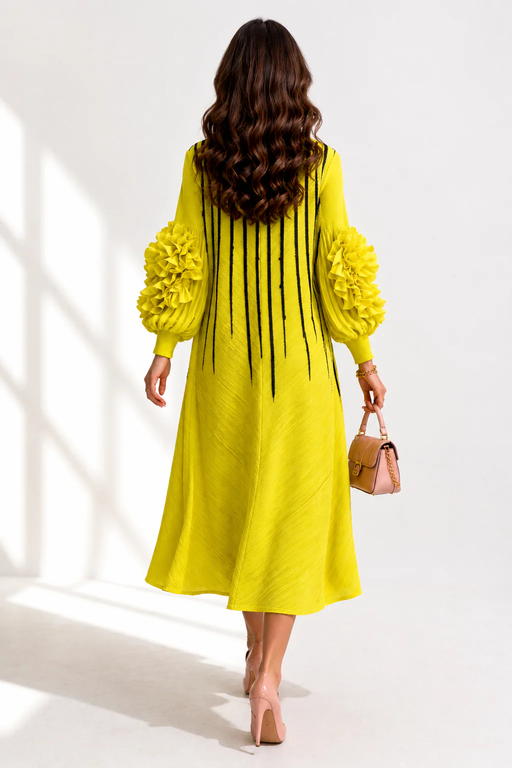 NY0062 RUFFLE SLEEVE STRIPE ART CRINKLE DRESS (PNK, YLW) - Image 4
