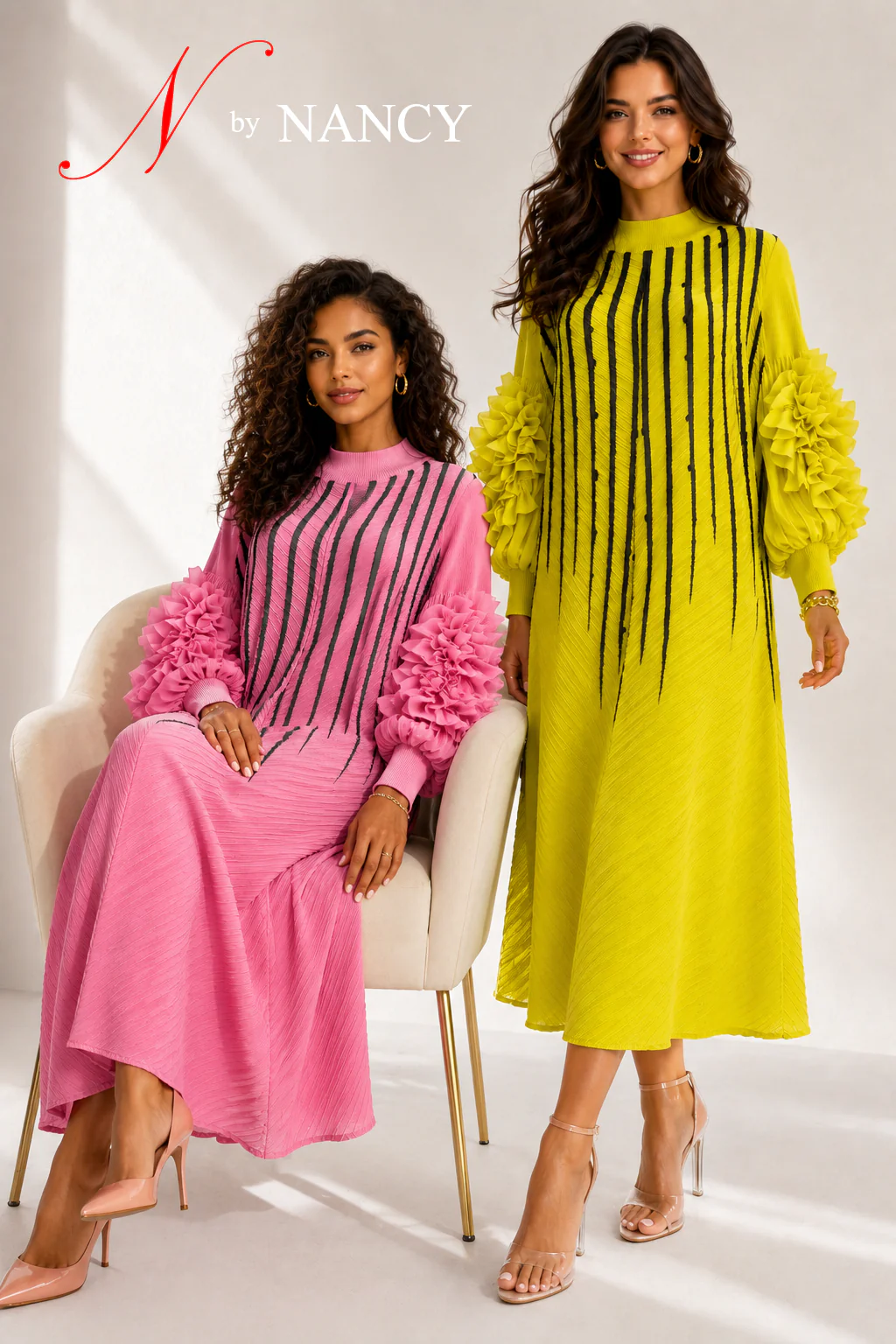NY0062 RUFFLE SLEEVE STRIPE ART CRINKLE DRESS (PNK, YLW) - Image 5