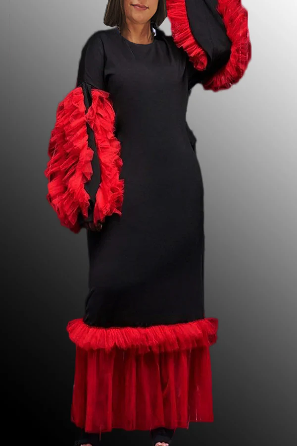 Q1334 OLD HOLLYWOOD RUFFLE DRESS (PURPLE, RED) - Image 2
