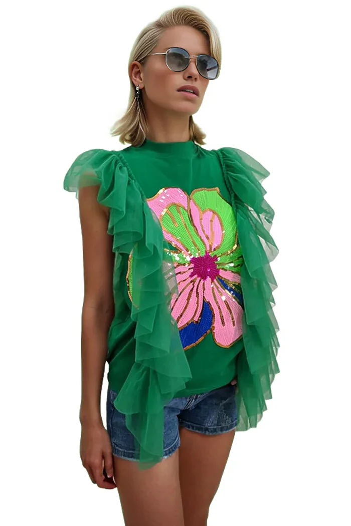 S2302 TULLE AND SEQUIN FLOWER TOP (GRN, BLK, PINK)