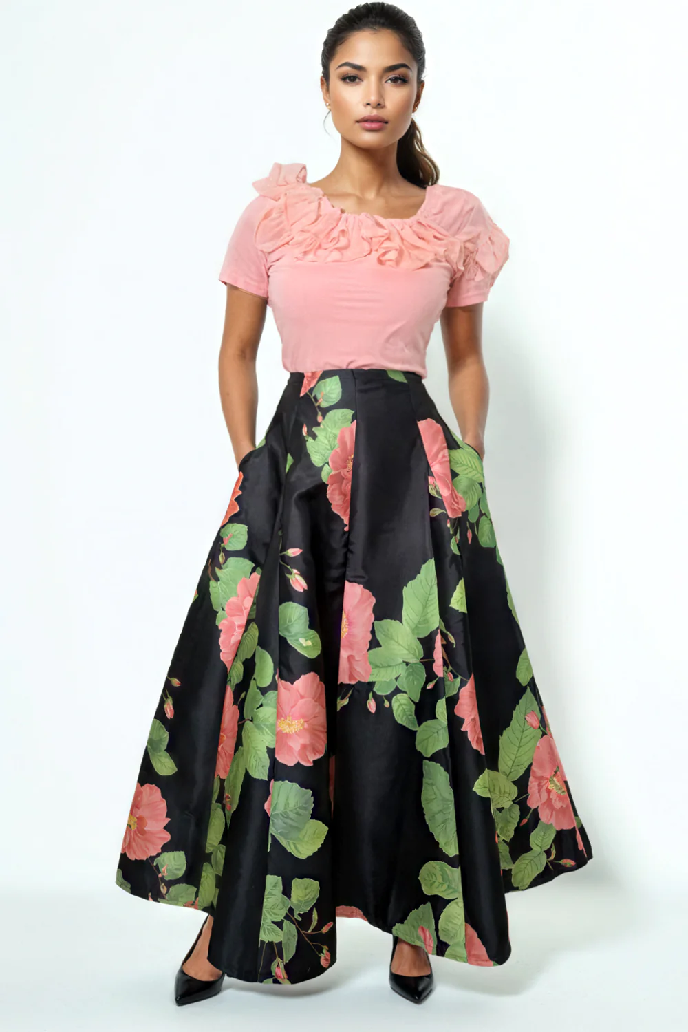 NY0026 RUFFLE NECK TOP (CORAL, BLK, WHT) - Image 2