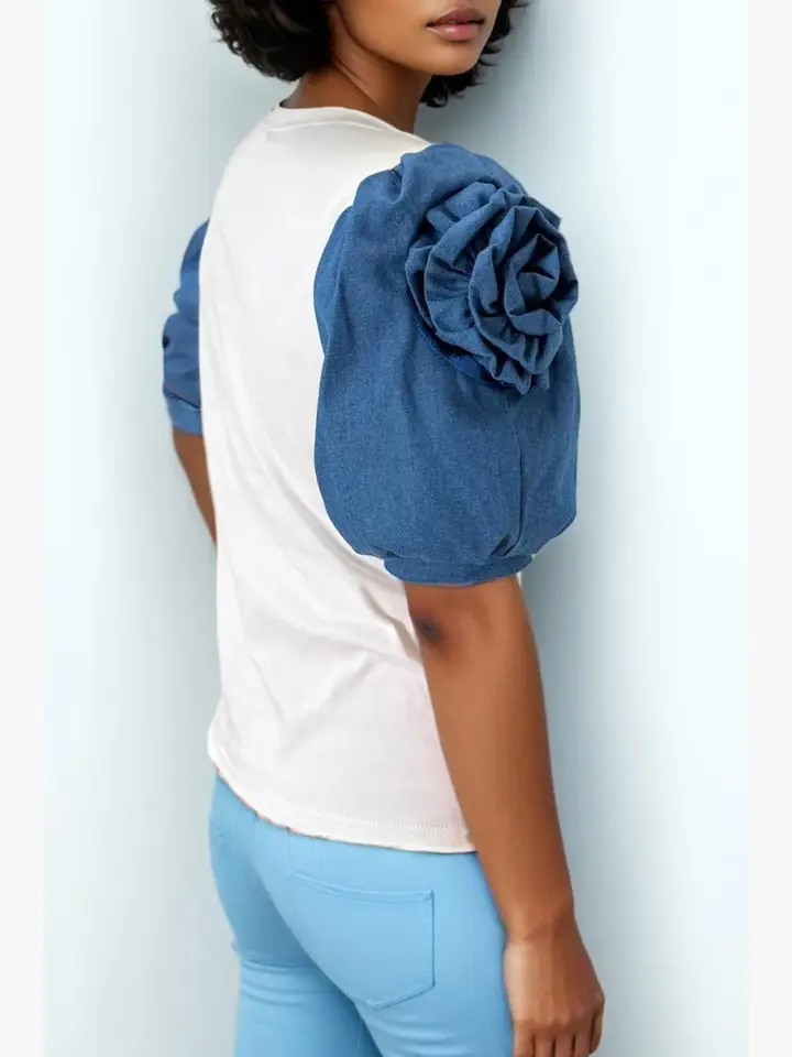 S3039 DENIM ROSE SLEEVE TOP - Image 2