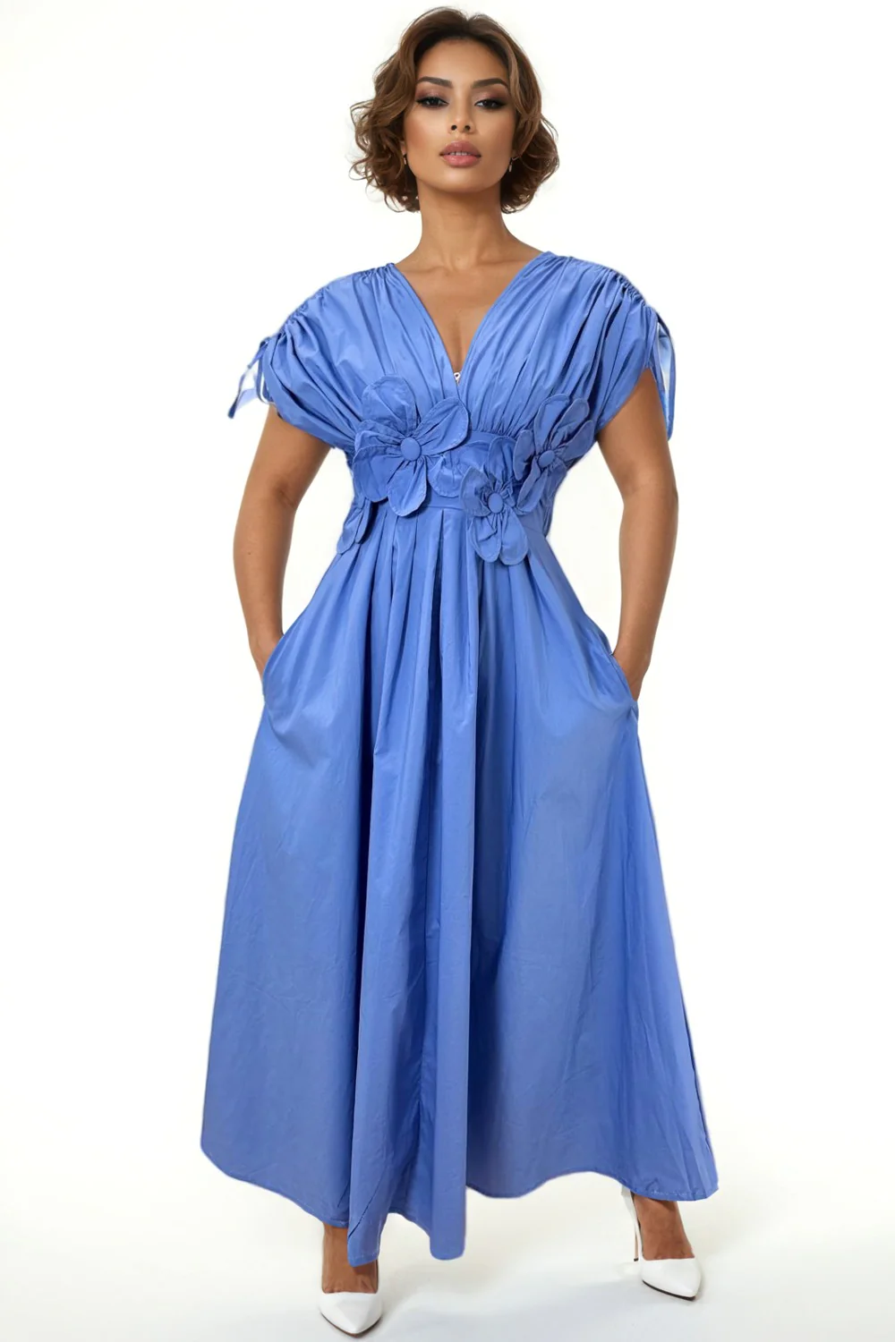 S3062 FLOWER WAIST MAXI DRESS (ORANGE, BLUE) (S, M, XXL)