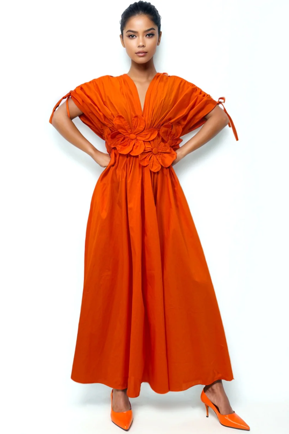 S3062 FLOWER WAIST MAXI DRESS (ORANGE, BLUE) (S, M, XXL) - Image 2