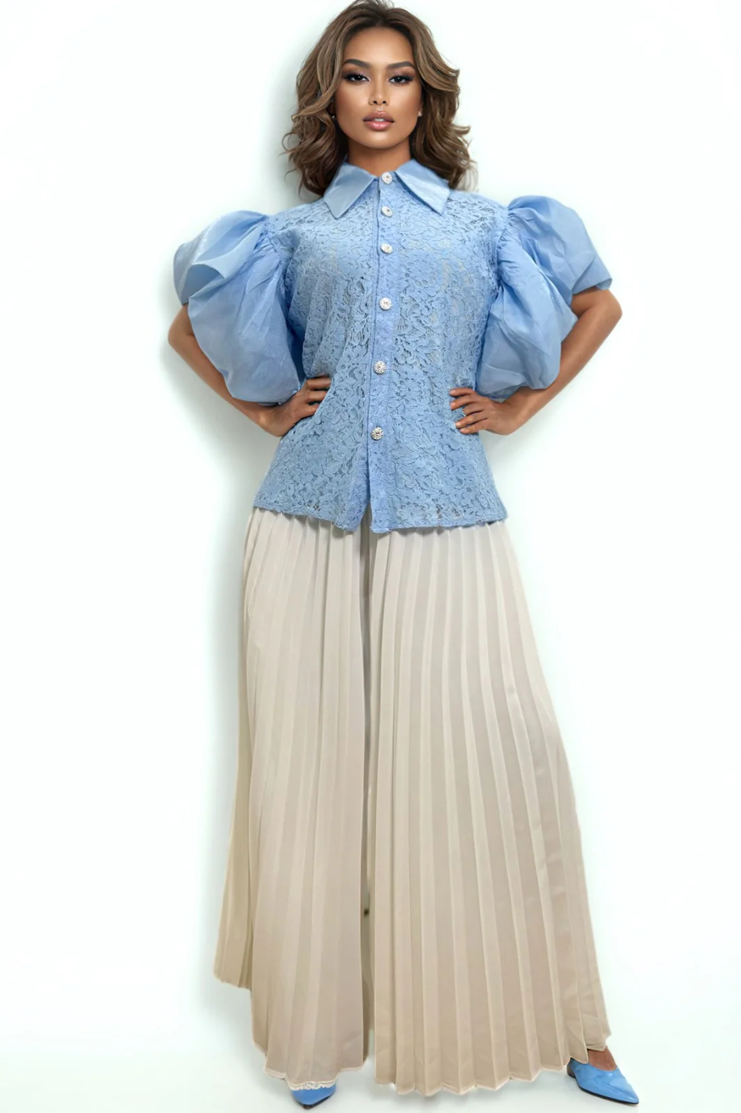 S3091 PUFF SLEEVE LACE TOP (LILAC, BLUE) - Image 2