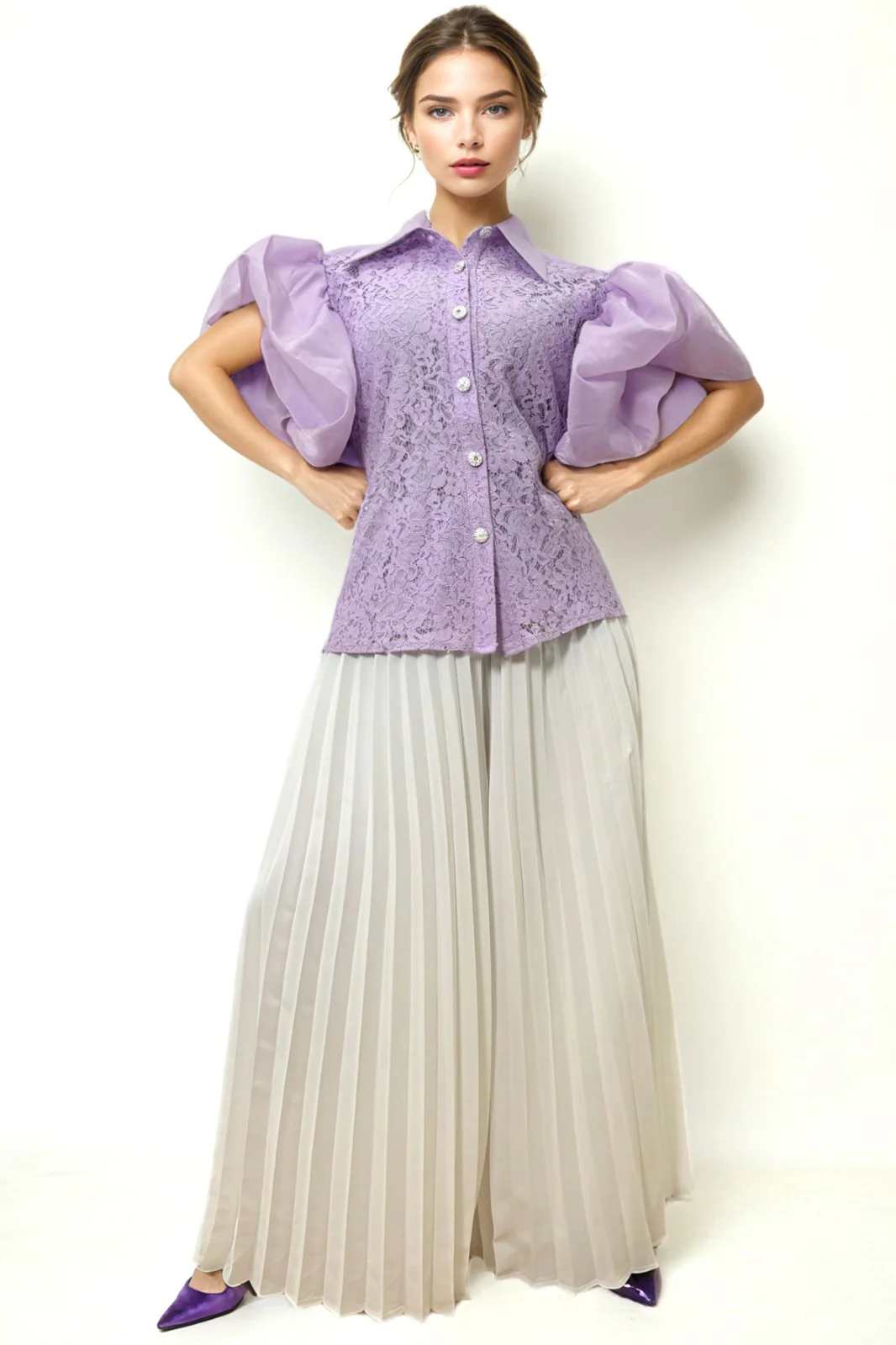S3091 PUFF SLEEVE LACE TOP (LILAC, BLUE) - Image 4