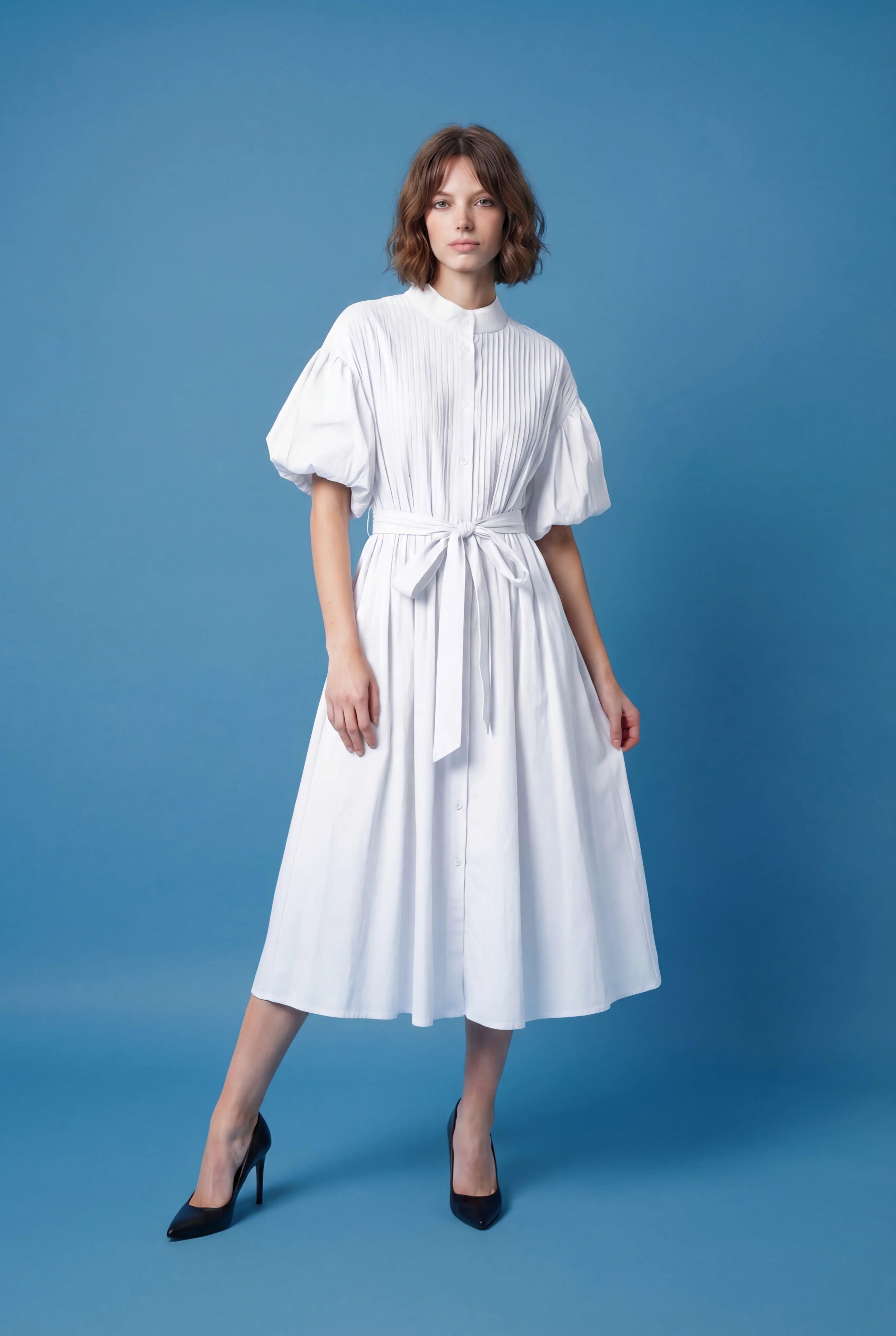 S3112 PLEATED BODICE COTTON BLEND DRESS (NAVY, WHT) - Image 2