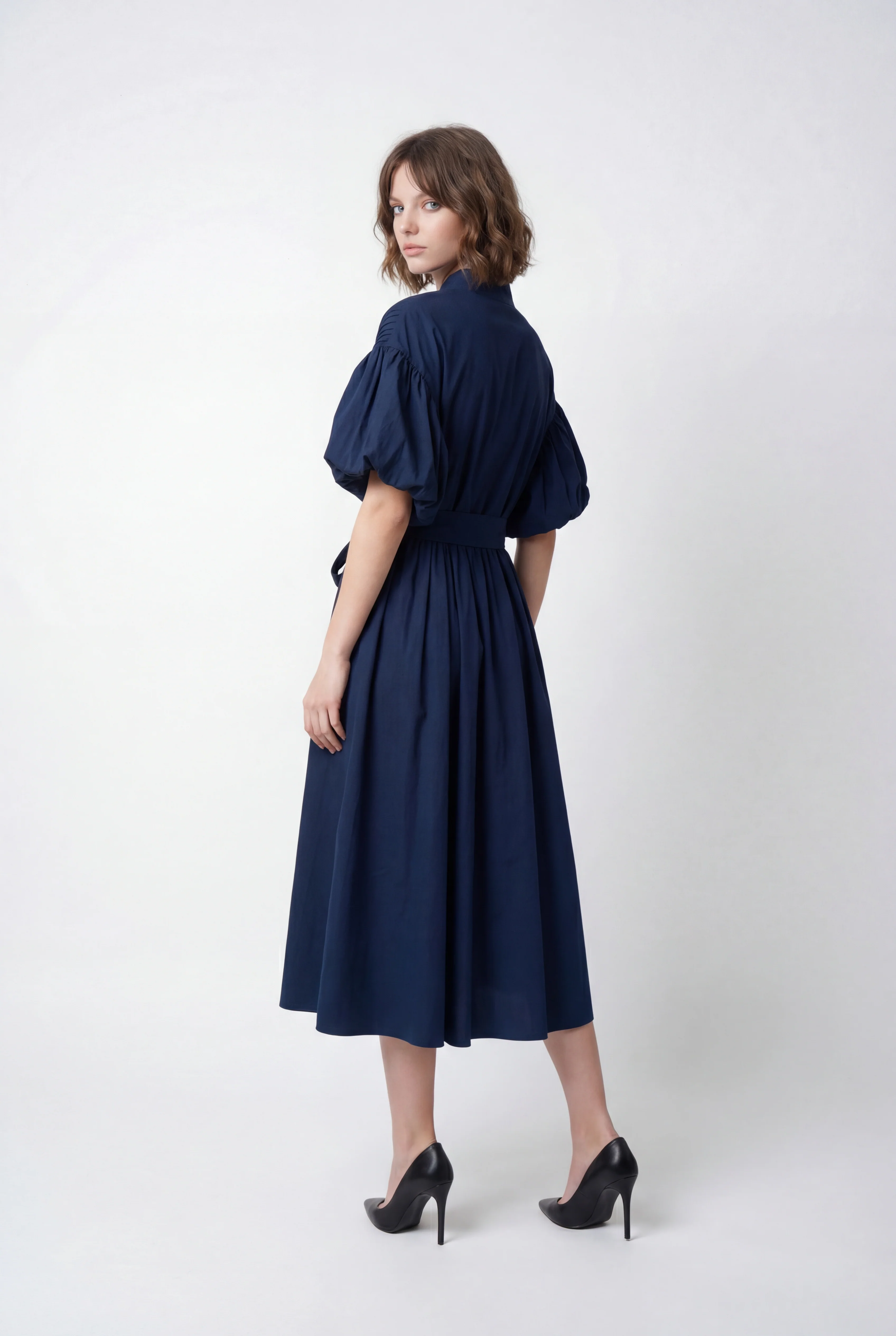 S3112 PLEATED BODICE COTTON BLEND DRESS (NAVY, WHT) - Image 4