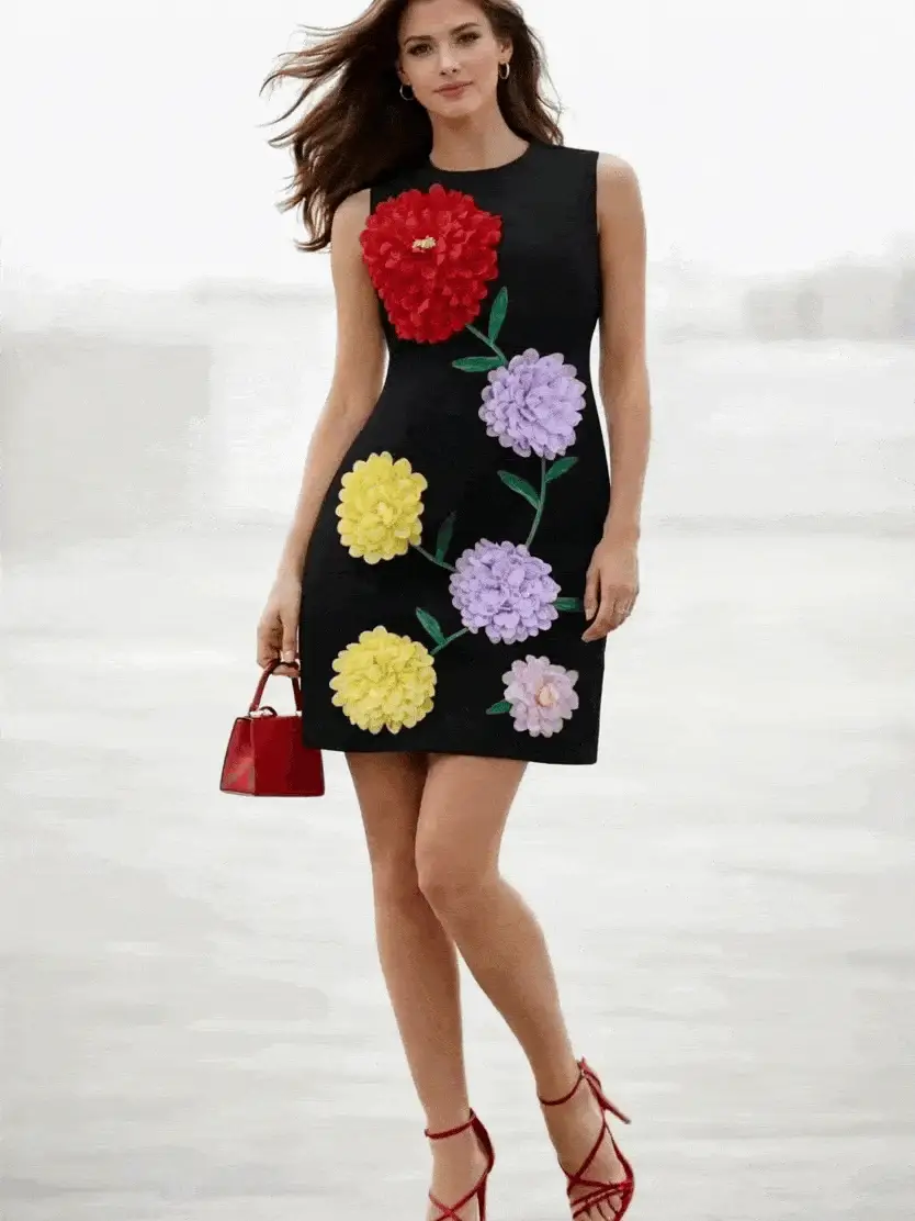 S3127 3D RUFFE FLORAL SHIFT MINI DRESS