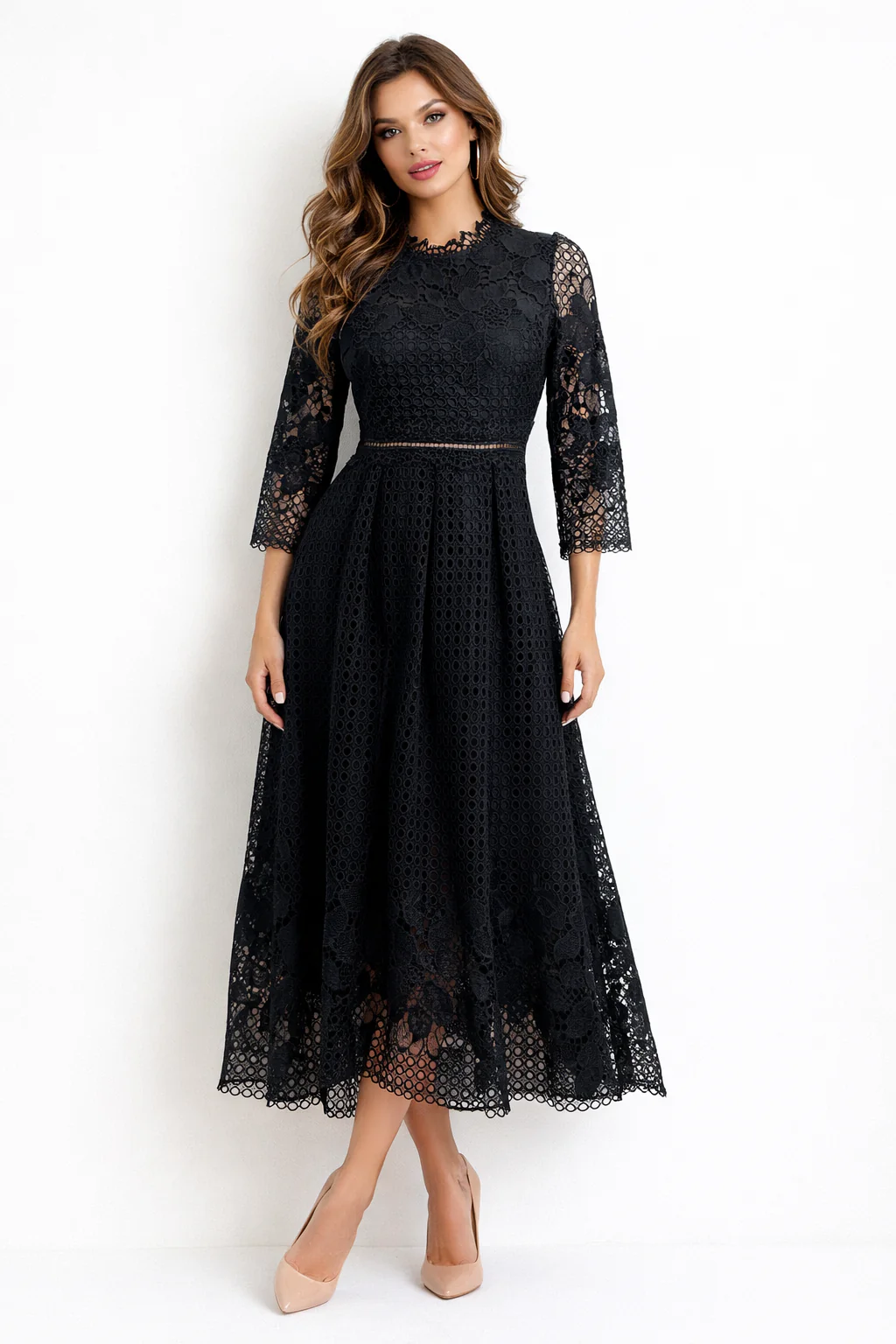 W5987 FLORAL LACE PLEATED MIDI DRESS