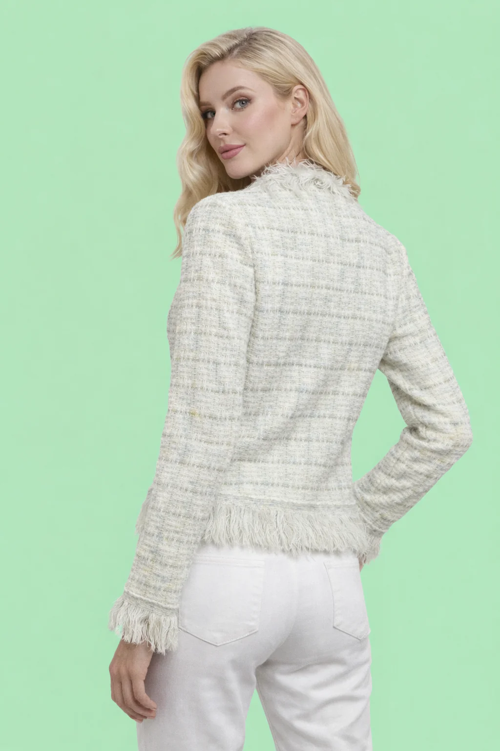 ZL507 FRINGED TWEED CARDIGAN SWEATER (PINK, GRN, BLUE) - Image 2