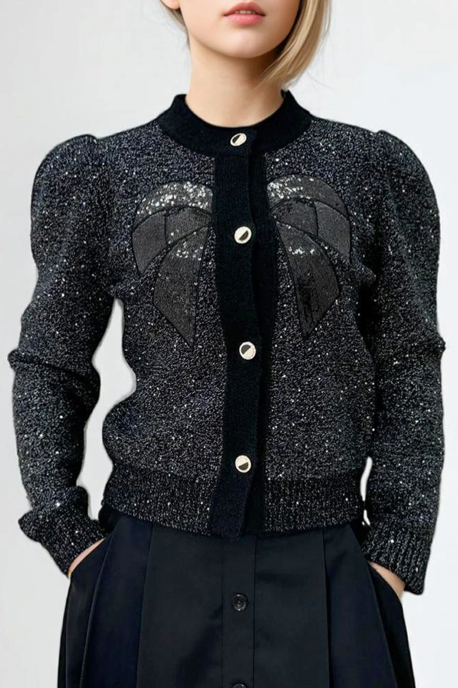 SR3001 SPARKLING BOW CARDIGAN SWEATER (WHT, BLK) - Image 2