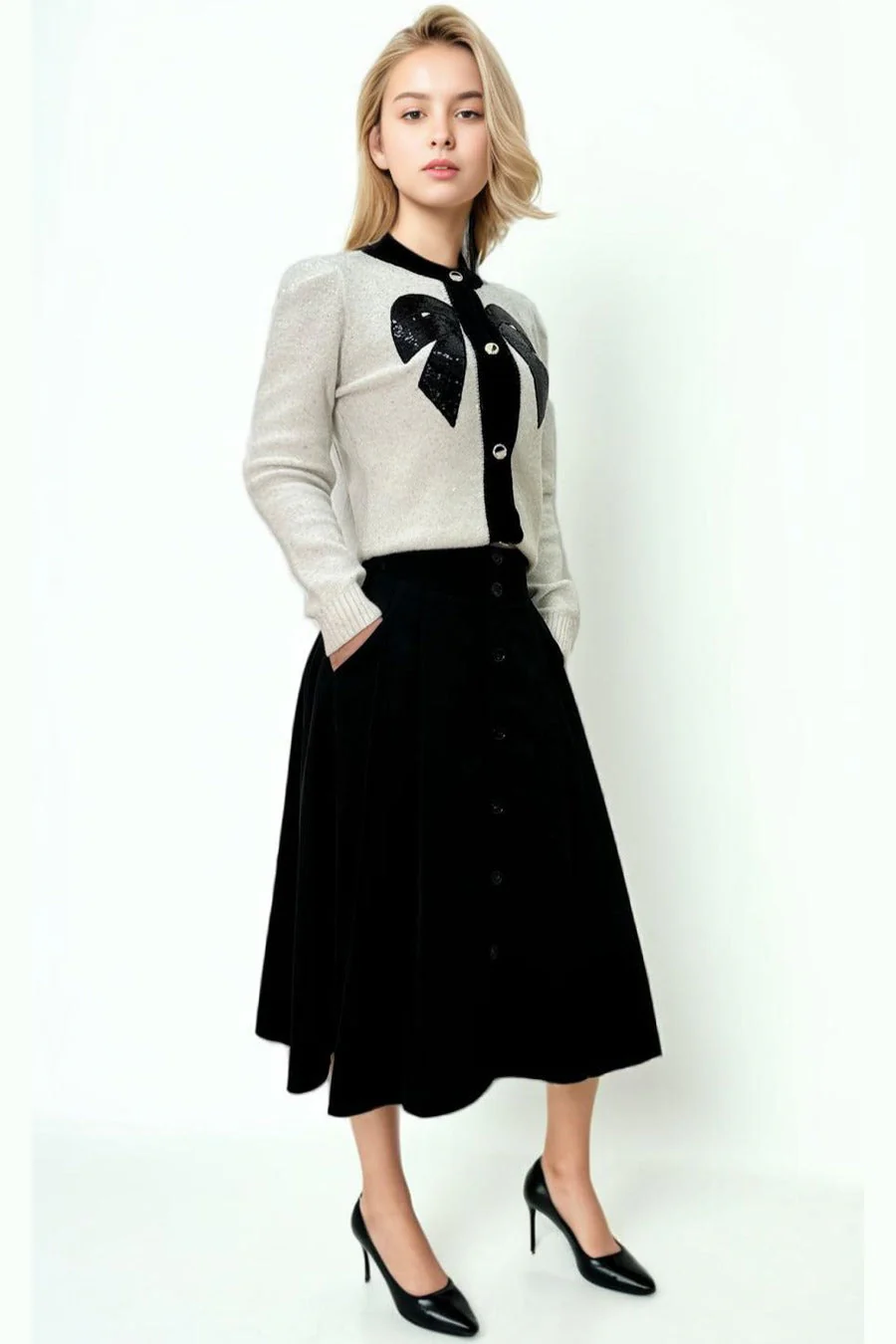 SR3001 SPARKLING BOW CARDIGAN SWEATER (WHT, BLK) - Image 3