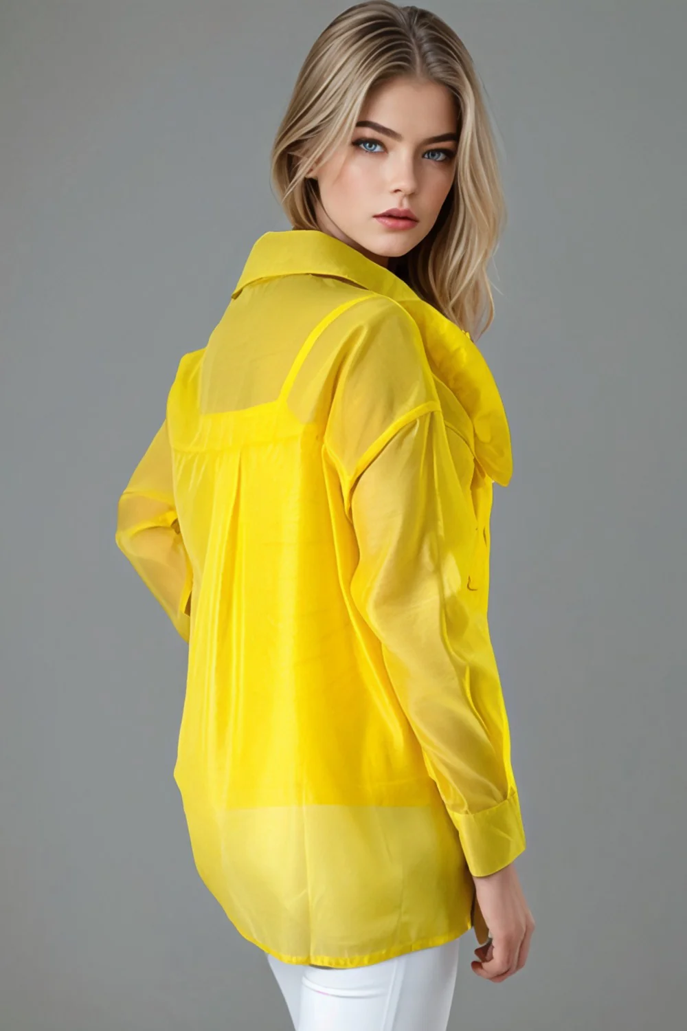 T00117 SHEER BUTTON-DOWN LONG SLEEVE TOP (YELLOW, ORANGE) - Image 3