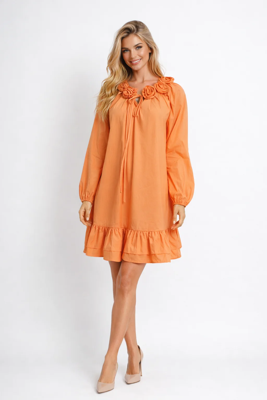 T25038 FLORAL NECKLINE MINI DRESS (ORG, BLU) - Image 3