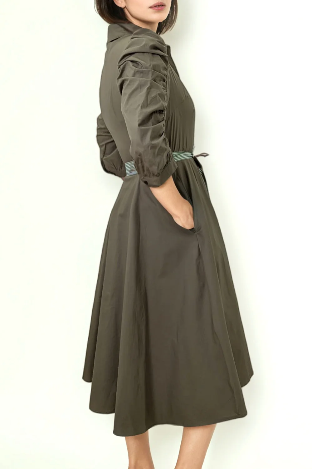 T8308 GATHERED SLEEVE DRESS (OLIVE, NAVY) - Image 3