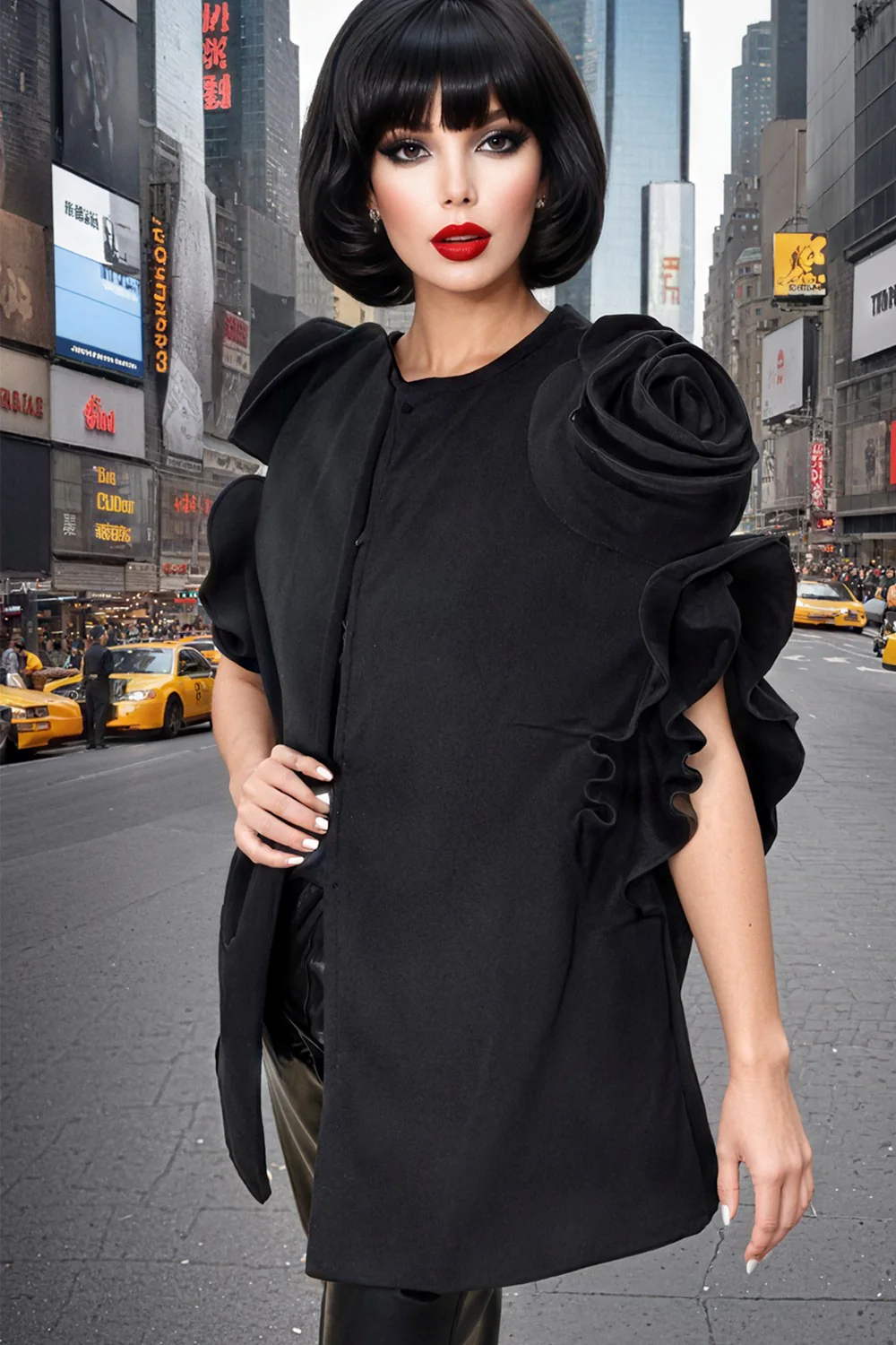 T2551 ROSE-SLEEVE CAPE COAT (RED, BLK)