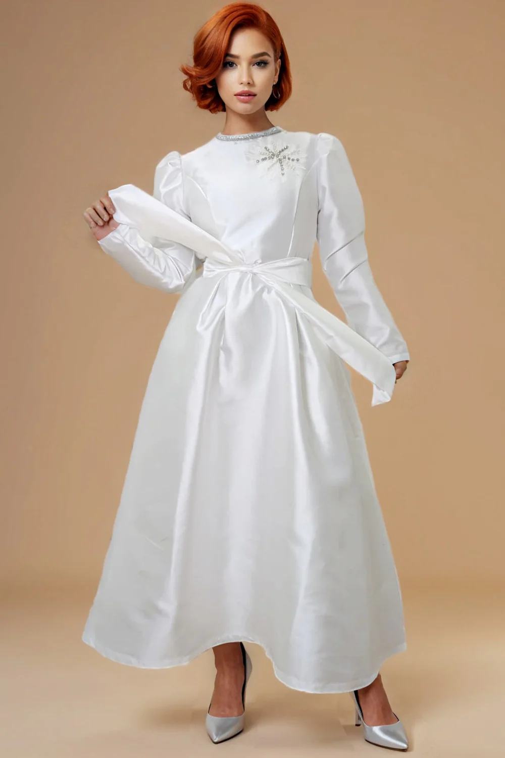 T2568 RHINESTONE NECKLINE DRESS (PINK, WHT, NAVY) - Image 2