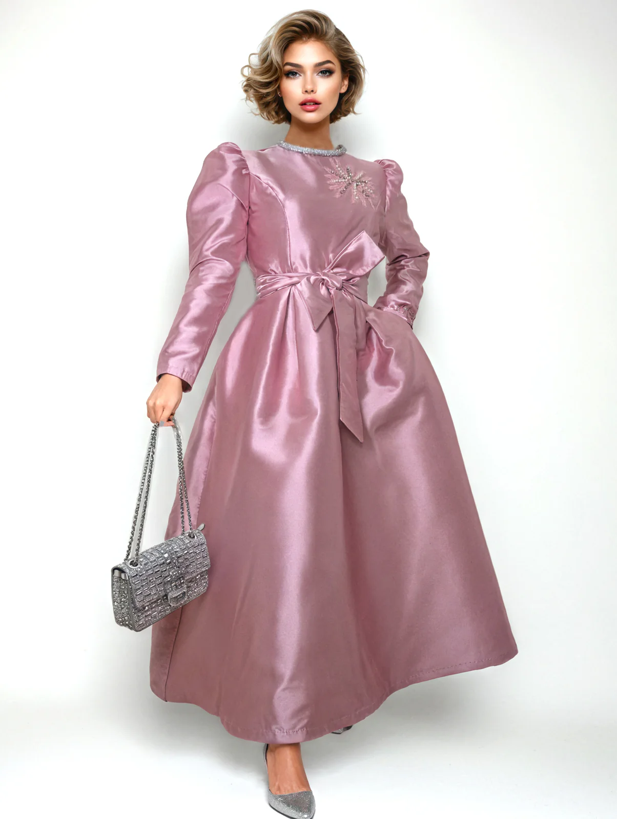 T2568 RHINESTONE NECKLINE DRESS (PINK, WHT, NAVY) - Image 5