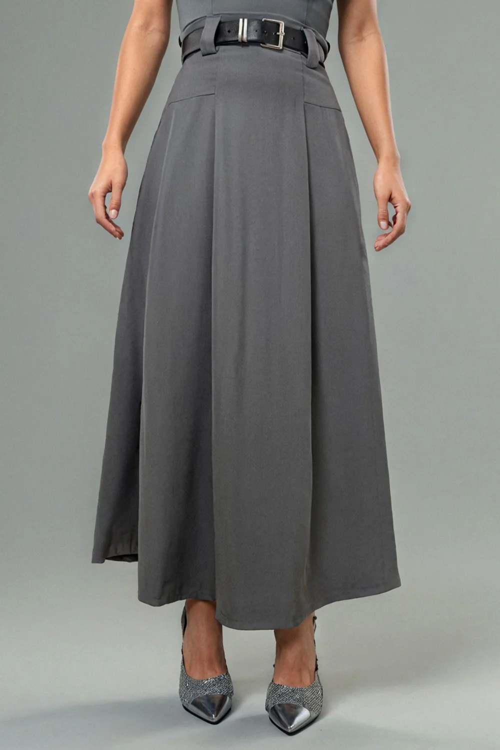 T2578 A- LINE BELTED SKIRT (BLK, GREY, COFFEE)