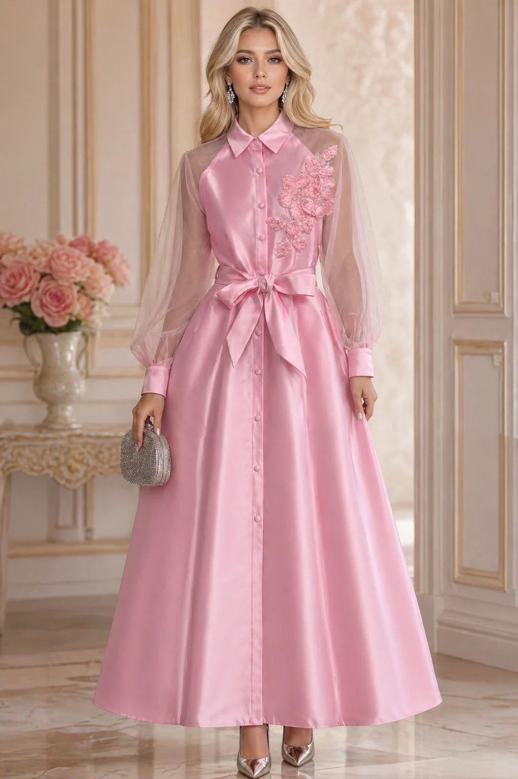 T623 FLORAL APPLIQUE SHEER SLEEVE MAXI DRESS (WHT, PNK)
