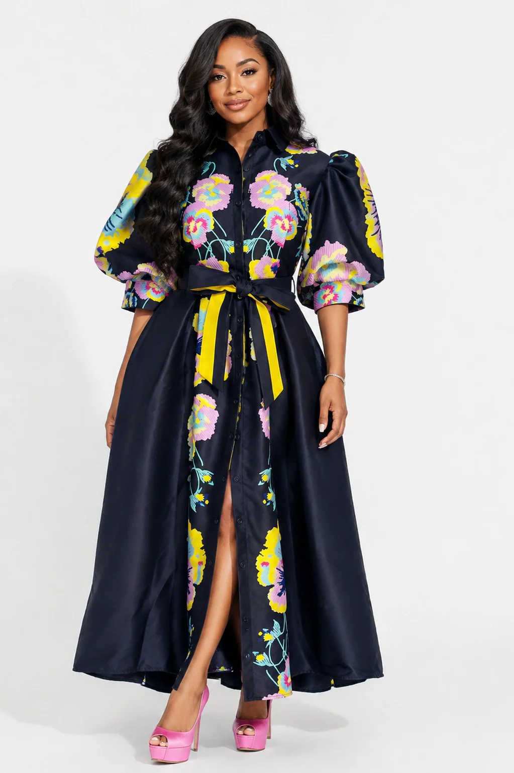 W6628 FLORAL PUFF SHORT SLEEVE MIKADO DRESS
