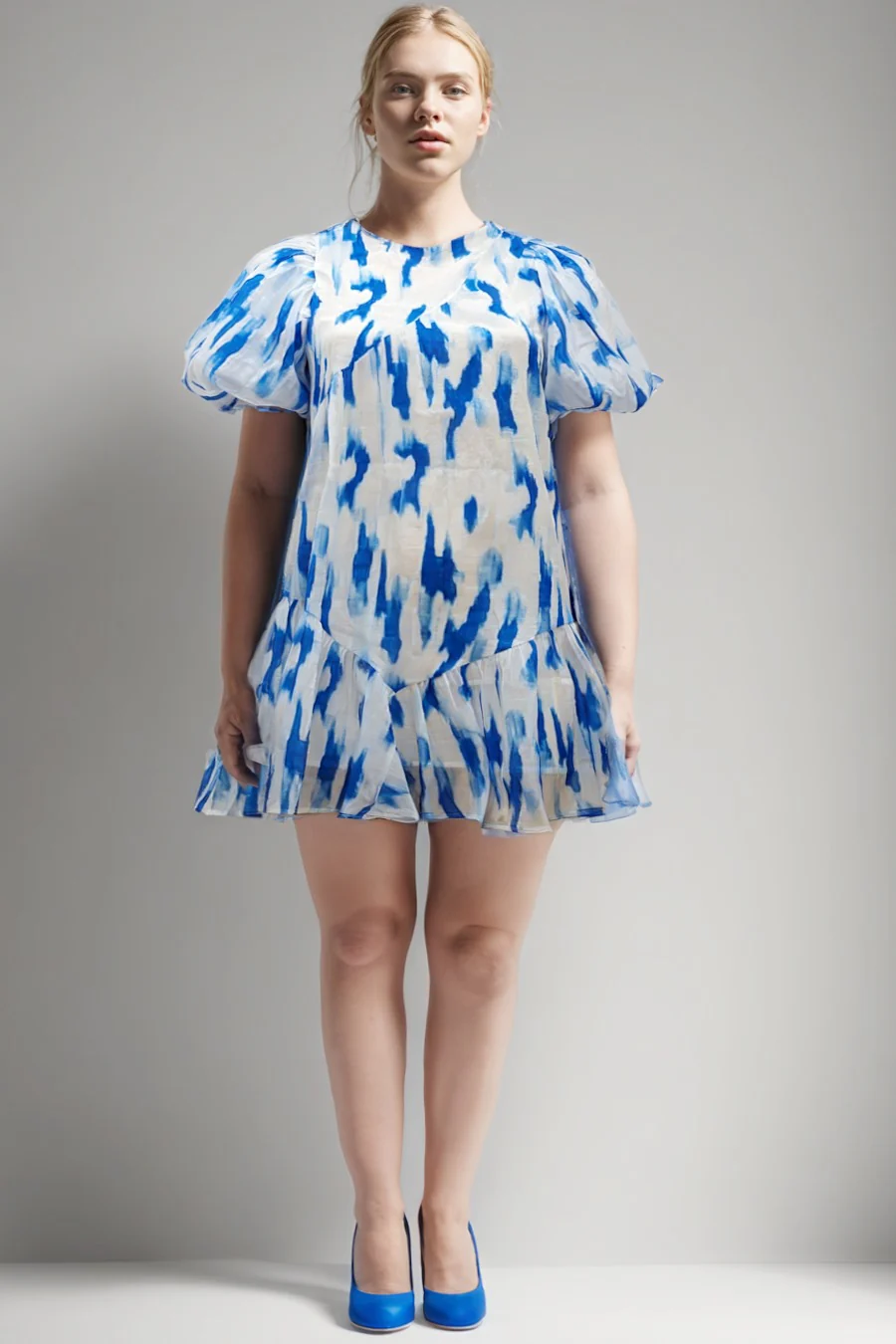 T81107 COLOR DRIP PUFF SLEEVE DRESS (BLUE, WHT) - Image 3