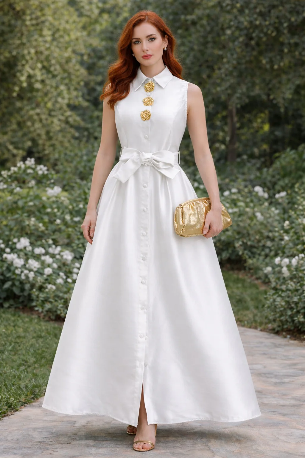 TL0002 SLEEVELESS MIKADO A-LINE BELTED DRESS (GRN, WHT) - Image 2