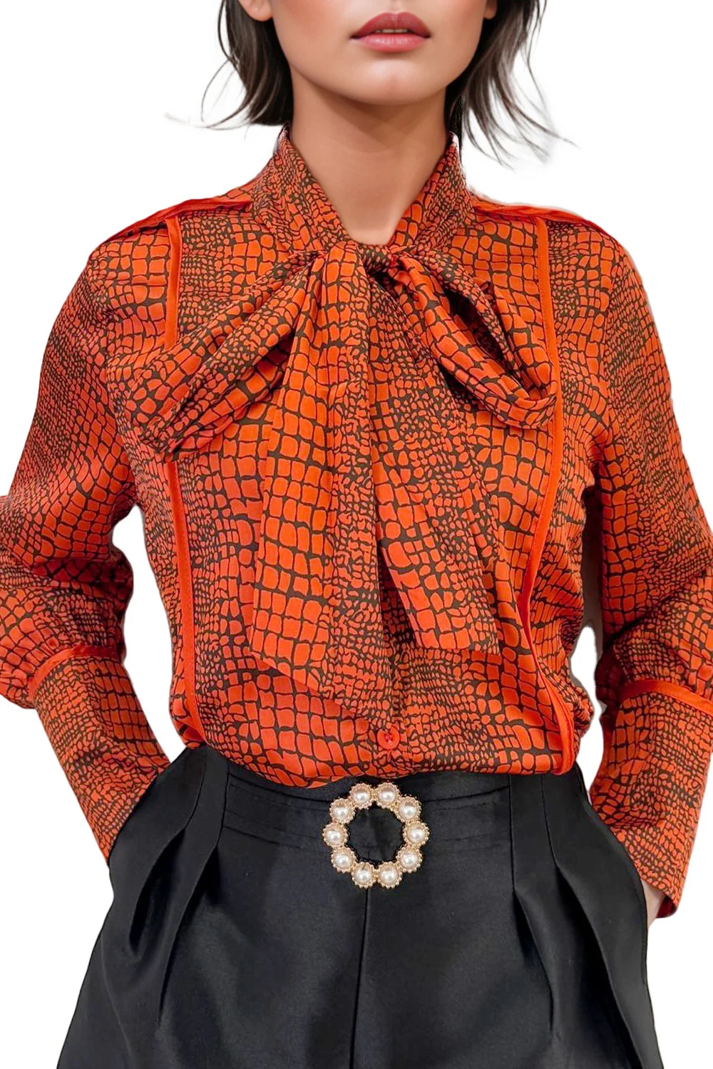 W5039 SATIN LONG SLEEVE BUTTON DOWN NECKTIE TOP (RED, GRN) - Image 2