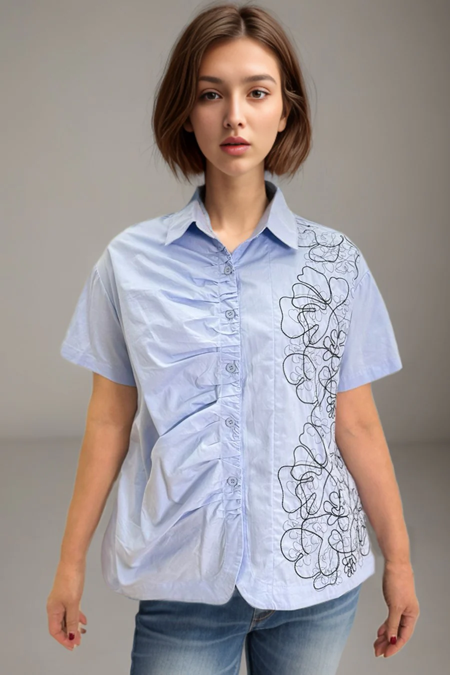 W51123 LINE WORK FLOWER TOP (BLUE, WHT, BLK) - Image 2