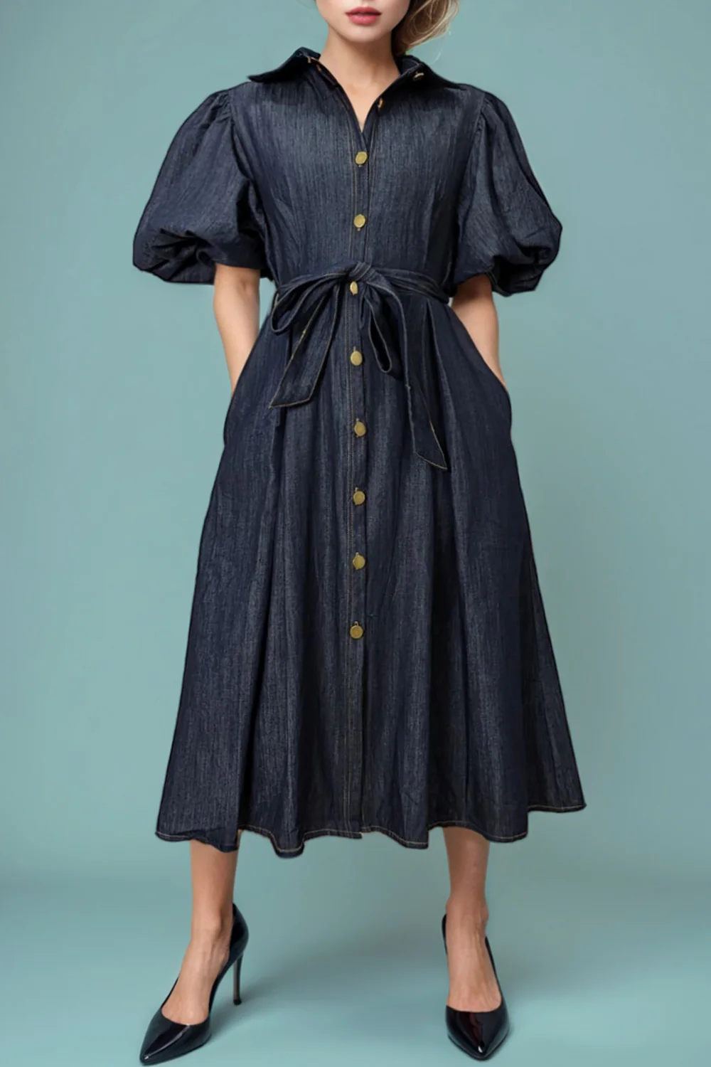 W5152B PUFF SLEEVE DENIM DRESS