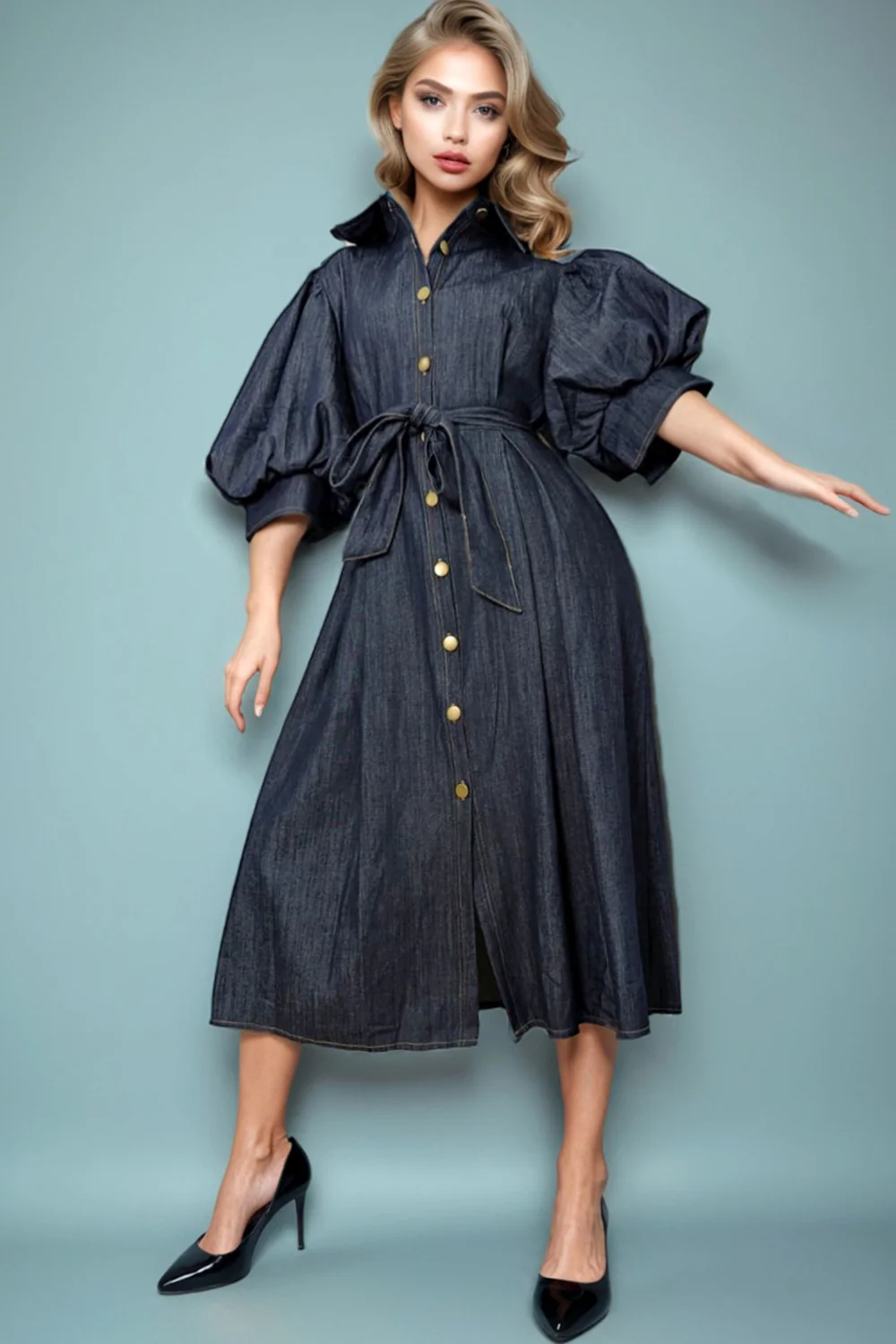 W5152B PUFF SLEEVE DENIM DRESS - Image 2