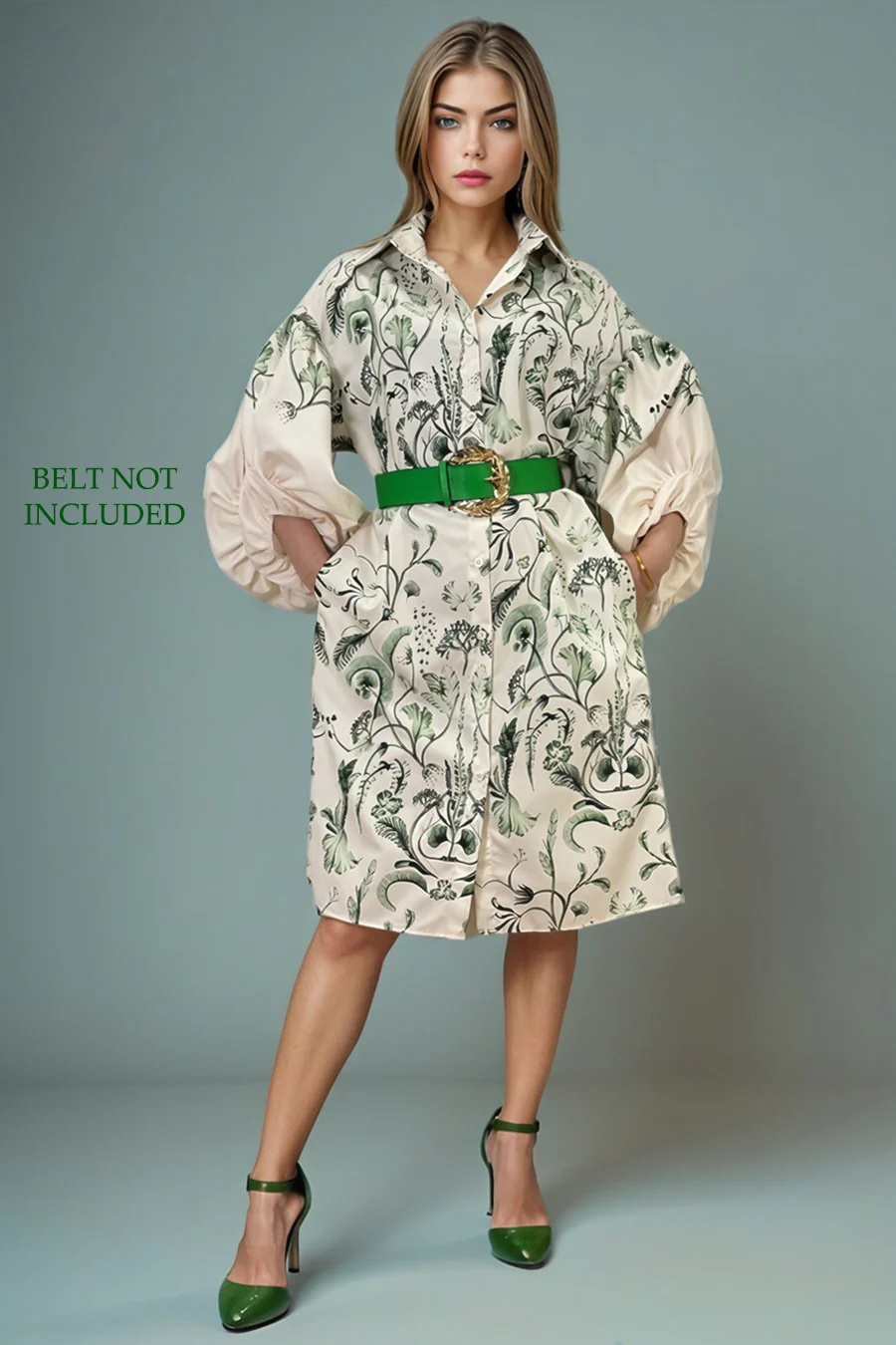 W5155A BEIGE 3/4 SLEEVE BUTTON DOWN MIDI DRESS - Image 2