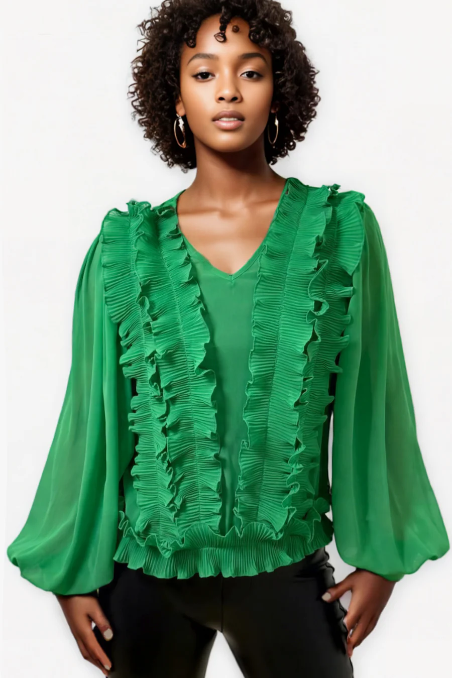 W5701 VNECK RUFFLE TOP (BLK, GRN) - Image 3