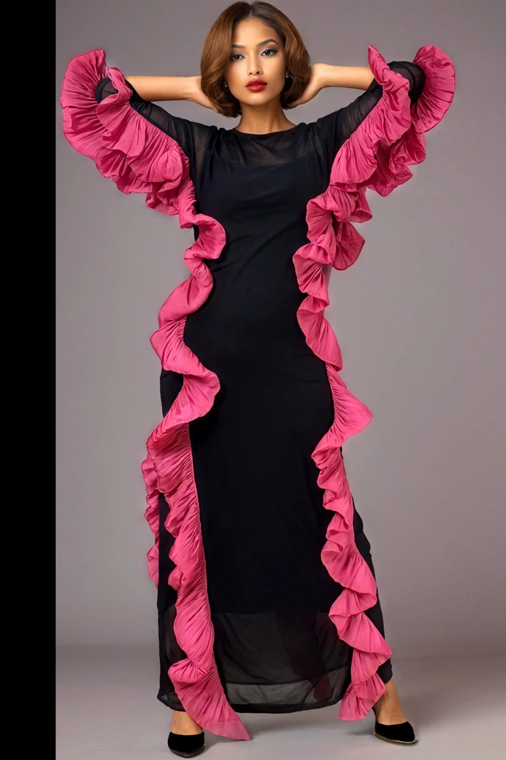 W5933 RUFFLE LINED MESH DRESS