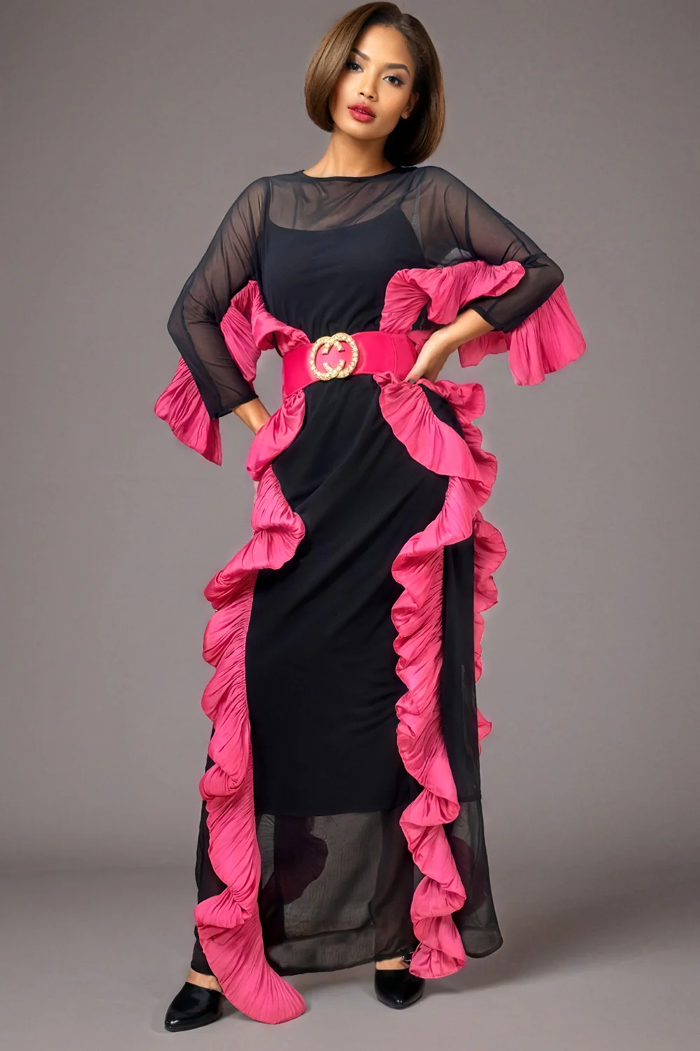 W5933 RUFFLE LINED MESH DRESS - Image 3