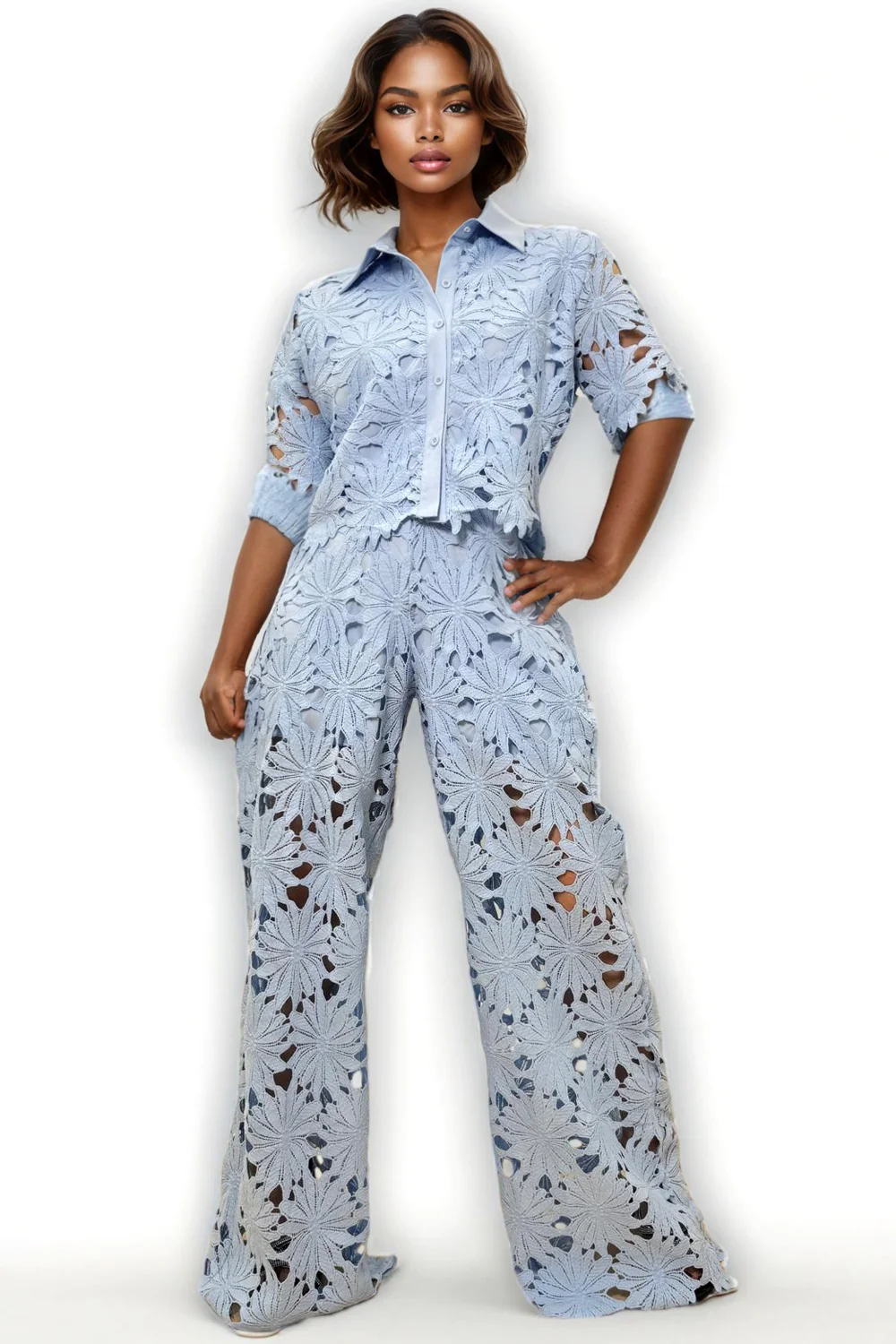 W5942 CROCHET PANT / TOP SET (BLUE, WHT) - Image 2