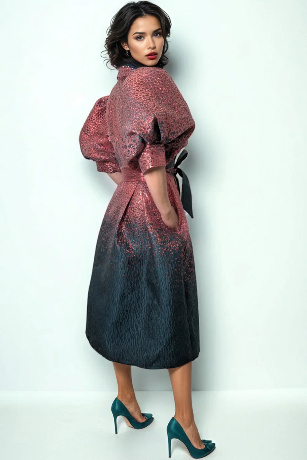 W5968 FESTIVE BROCADE PUFF SLEEVE DRESS - Image 2