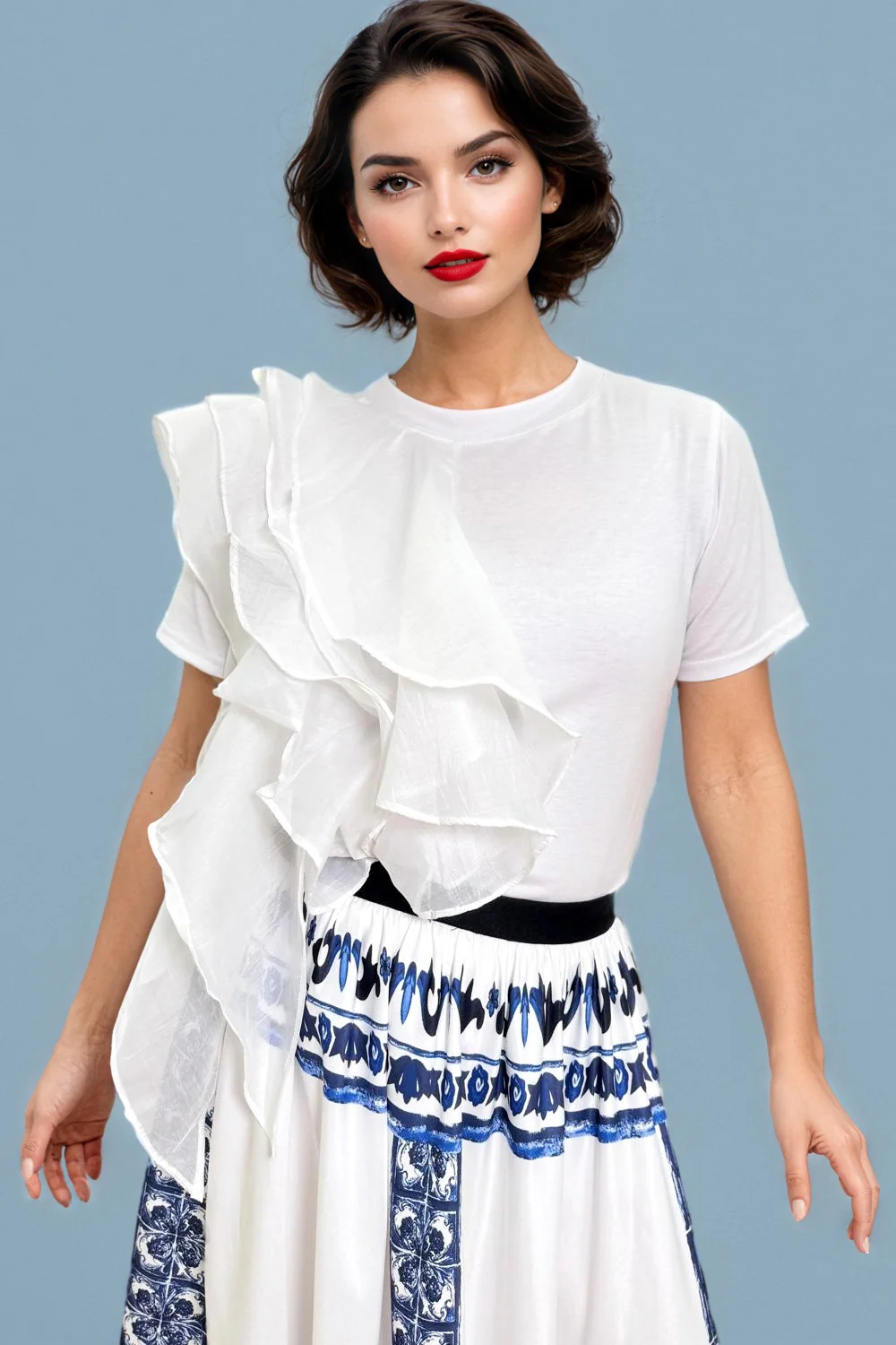 W8314 ONE SIDE RUFFLE TOP (PINK, LILAC, WHT)