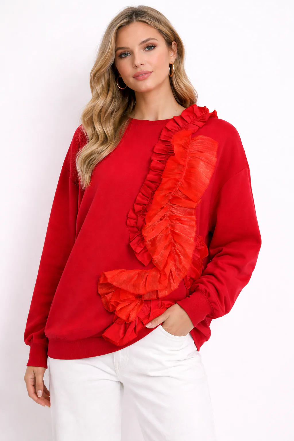 W8571 RUFFLE SWEATSHIRT TOP (RED, BLK) - Image 3