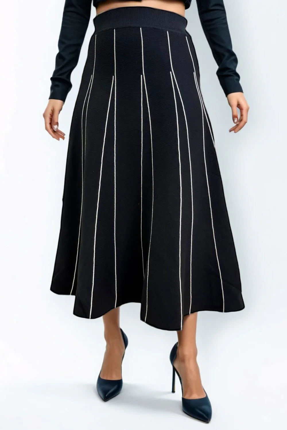 SK1067 STRIPED KNIT SKIRT (NAVY, BLK)