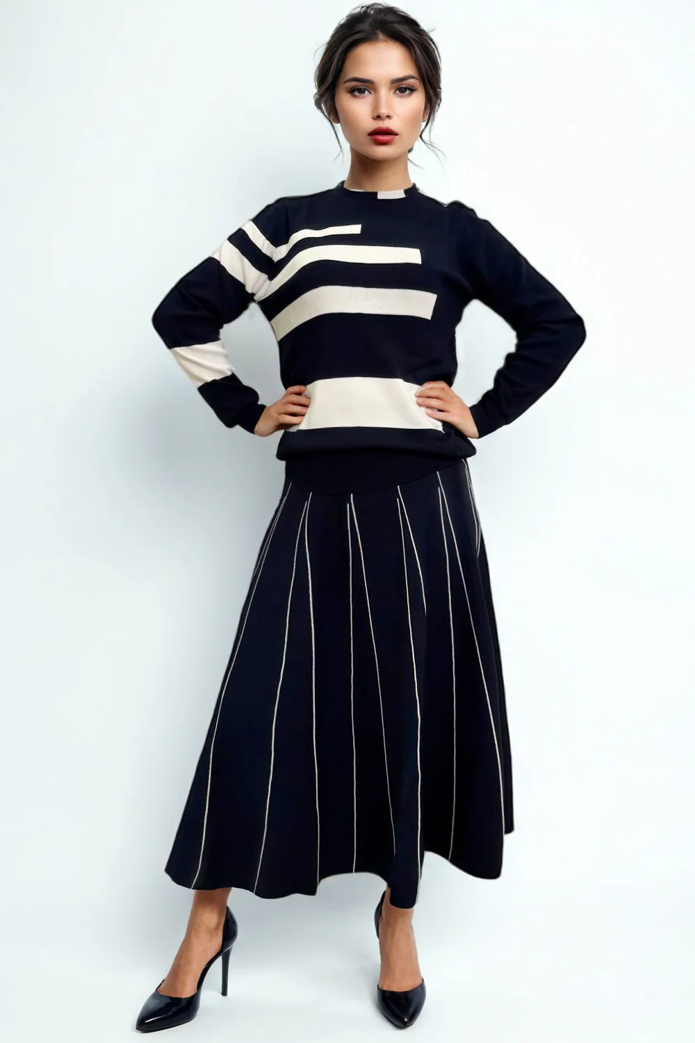 SK1067 STRIPED KNIT SKIRT (NAVY, BLK) - Image 2